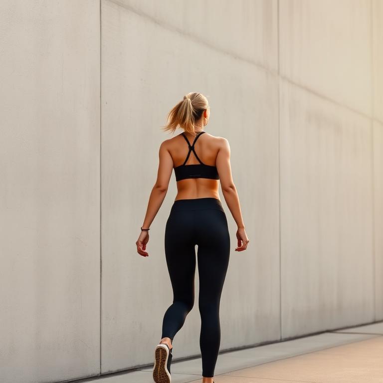 Woman walking outdoors in black leggings and a sports top